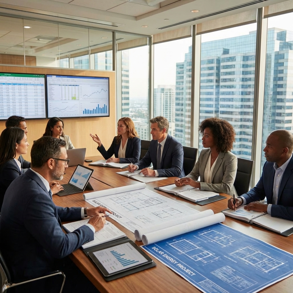 Soleos team meeting with institutional investors and financial partners for project financing