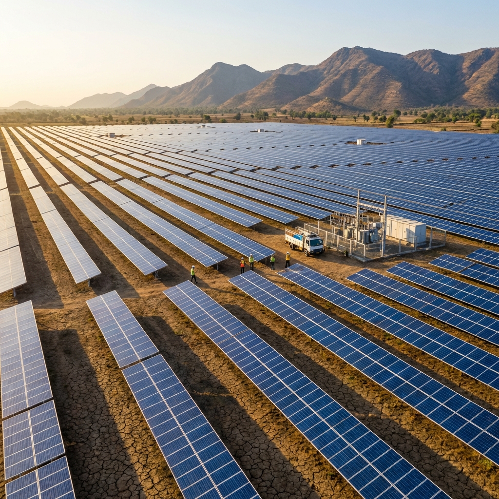 Utility-scale solar farm with thousands of photovoltaic panels generating clean energy - Soleos Energy
